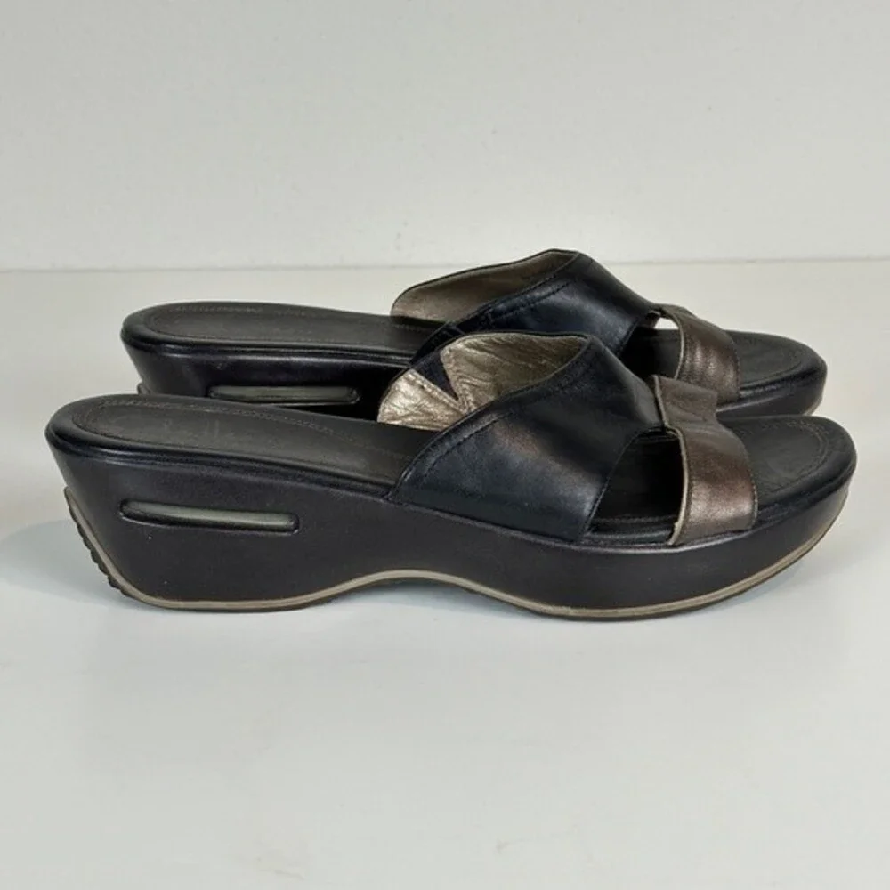 Cole Haan Black Brown Leather Wedge Slide Sandals 9.5